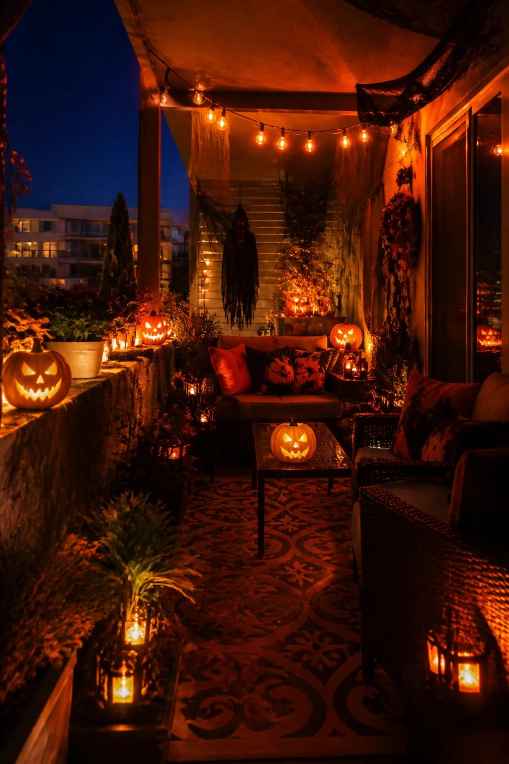 Halloween balcony aglow with carved pumpkins, string lights, spider webs, and cozy seating.