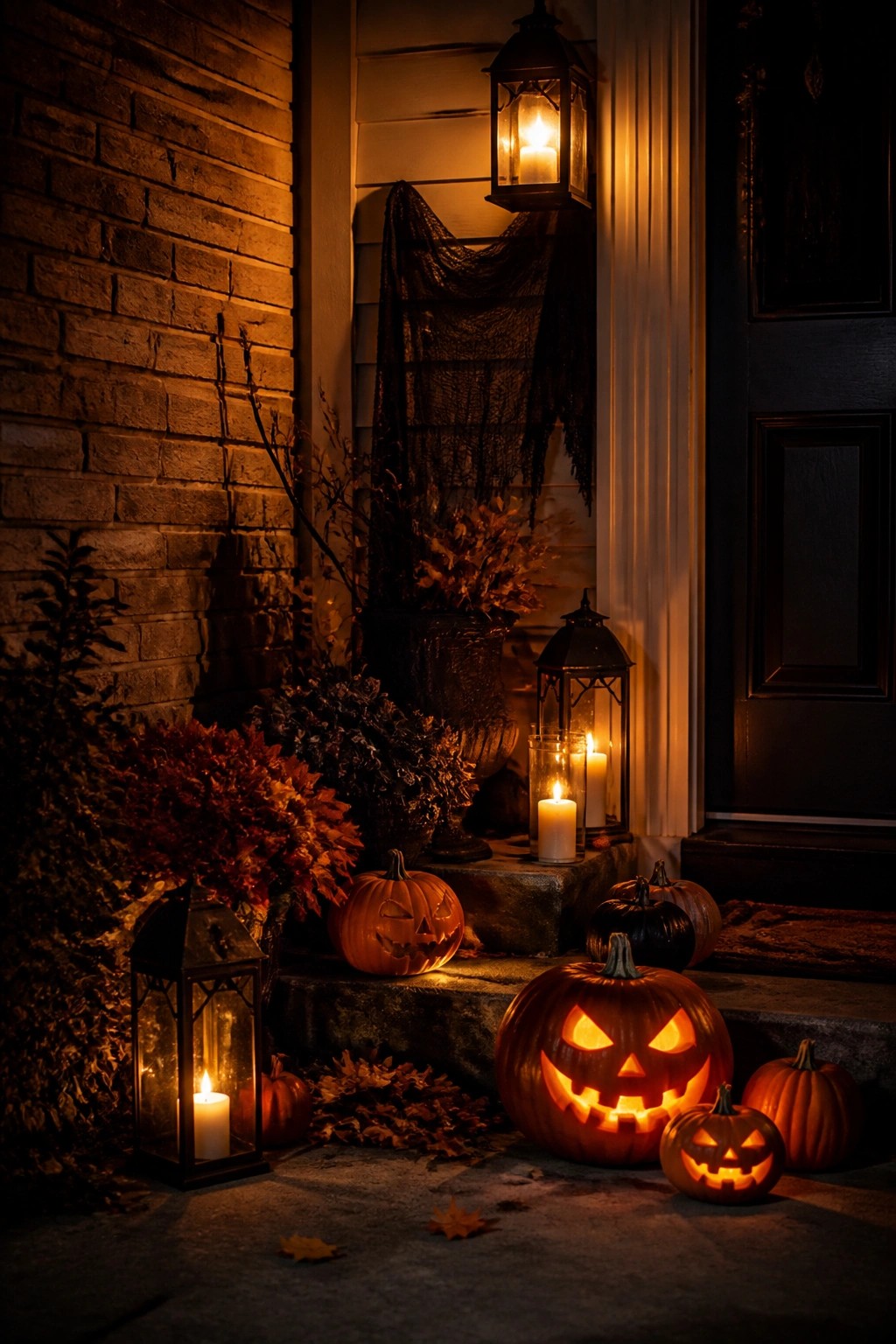Front porch steps lined with carved jack o lanterns and black lanterns at night.