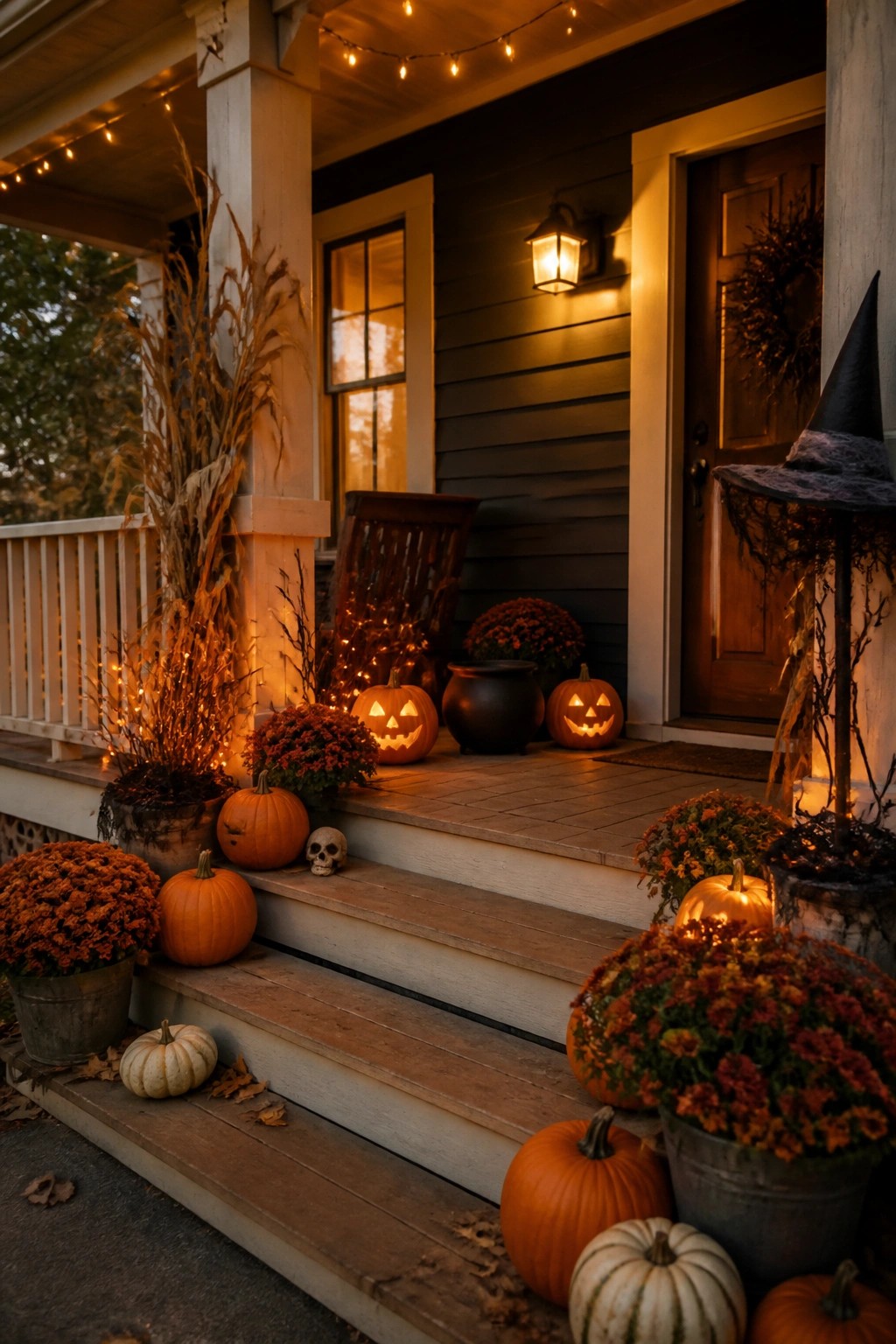 Front porch steps lined with carved jack o' lanterns, a witch hat on a stand, and autumn plants around a dark front door.