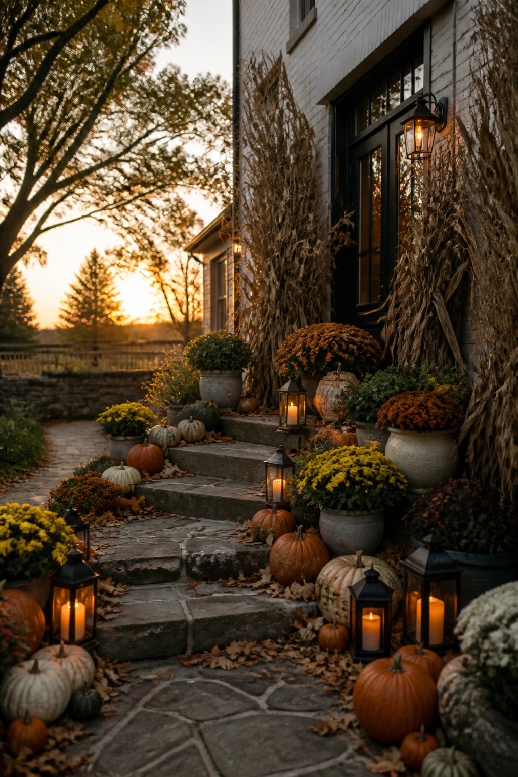 Stone steps at a house entrance lined with orange and white pumpkins, potted yellow and orange mums, dried corn stalks, and several lit black lanterns.