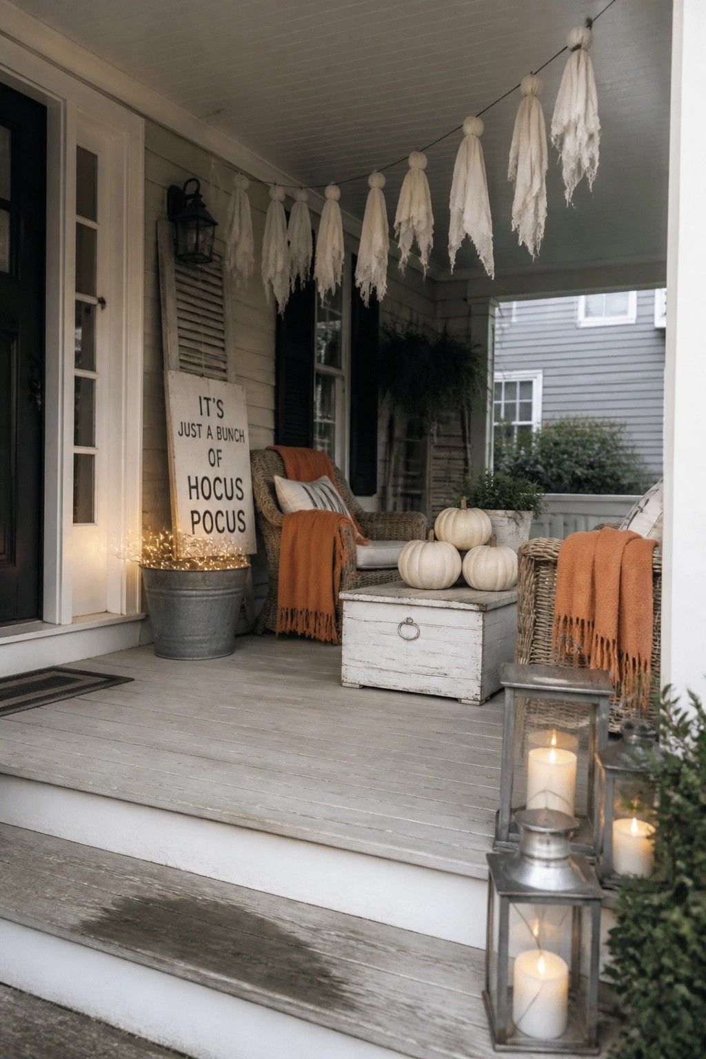A front porch decorated for Halloween with a white fabric garland strung overhead, white pumpkins on a chest, lit lanterns, and a wooden sign.