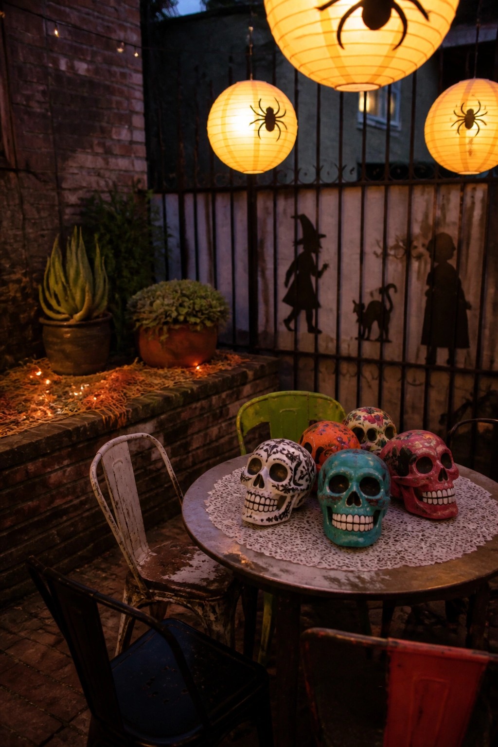A patio table with colorful skull decorations sits under several round paper lanterns printed with spider designs, surrounded by mismatched metal chairs.