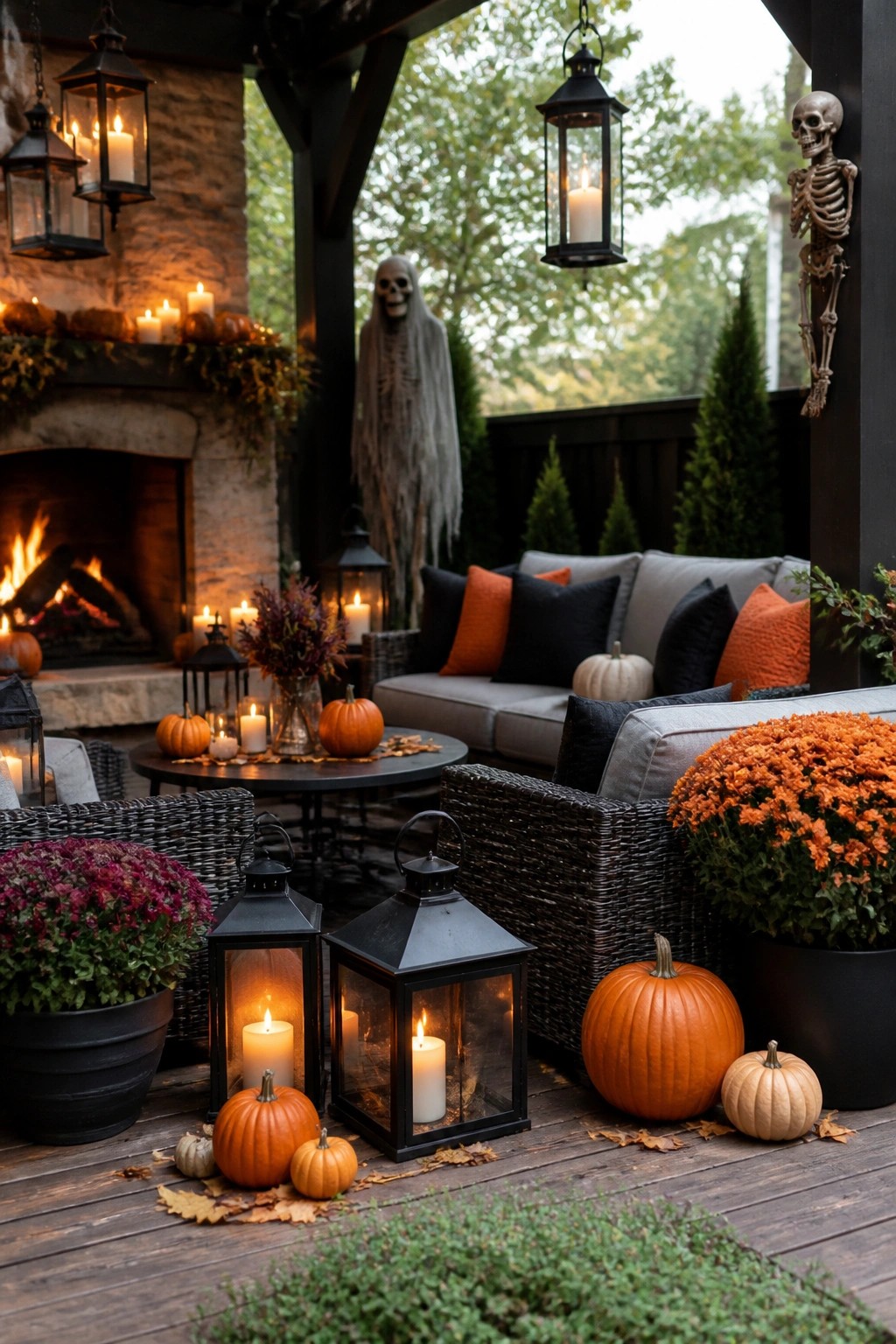 Covered outdoor patio with a skeleton mounted on a post, a standing ghost figure, multiple black lanterns, and orange pumpkins arranged around wicker seating.