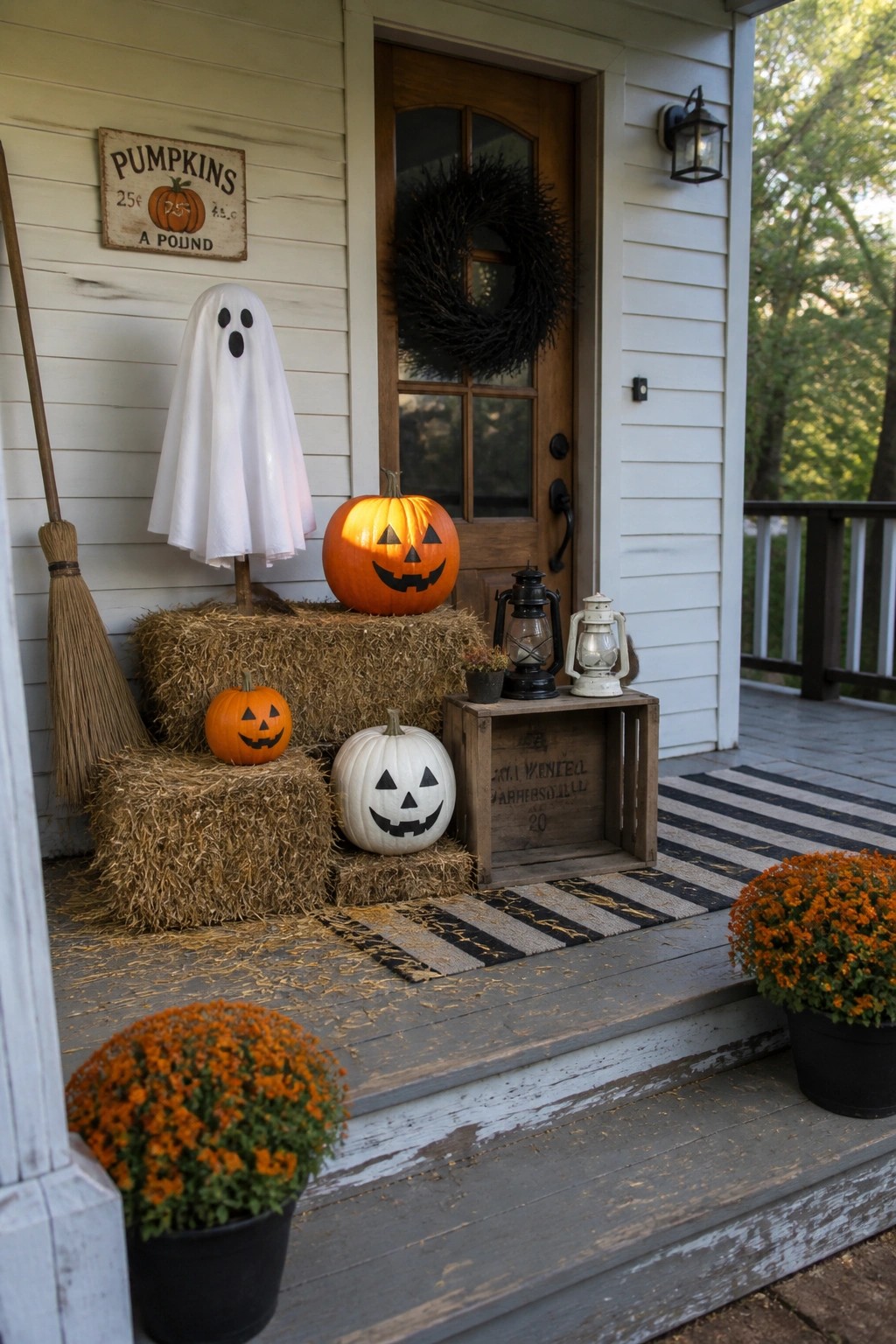 A wooden front porch decorated with hay bales holding carved pumpkins, a sheet ghost on a stake, two lanterns on a crate, a wreath on the door, and potted orange mums.