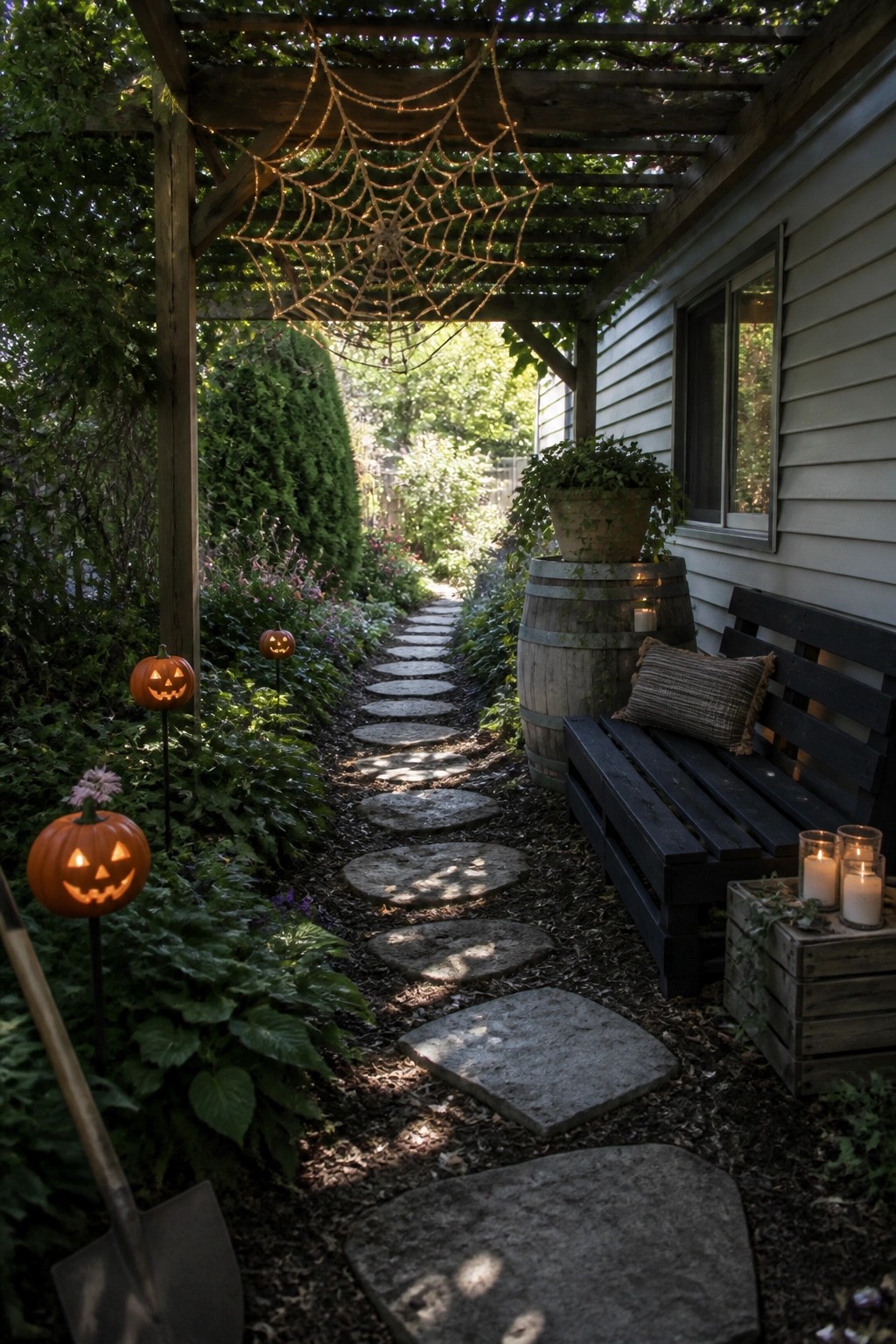 Stone path under pergola with glowing jack-o'-lanterns and spiderweb lights
