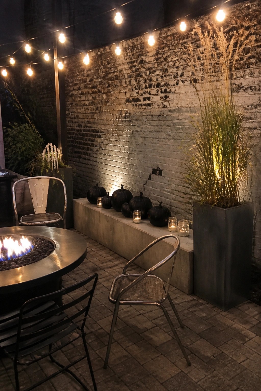Nighttime patio with string lights, black pumpkins, candles, fire pit, and metal chairs.