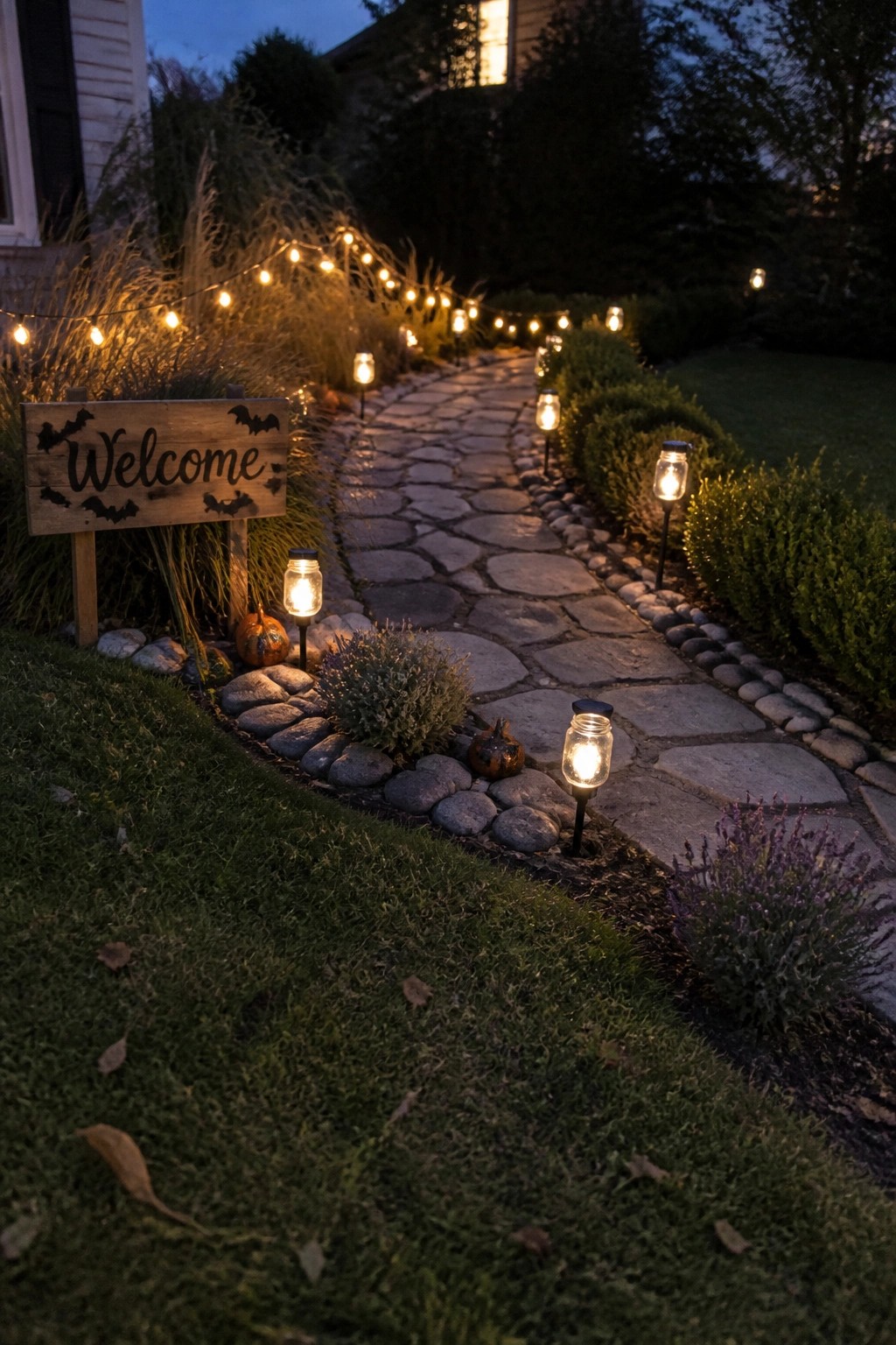 A stone pathway at dusk is lined with glowing mason jar lights on stakes, a wooden welcome sign with bats, small pumpkins, and string lights overhead.