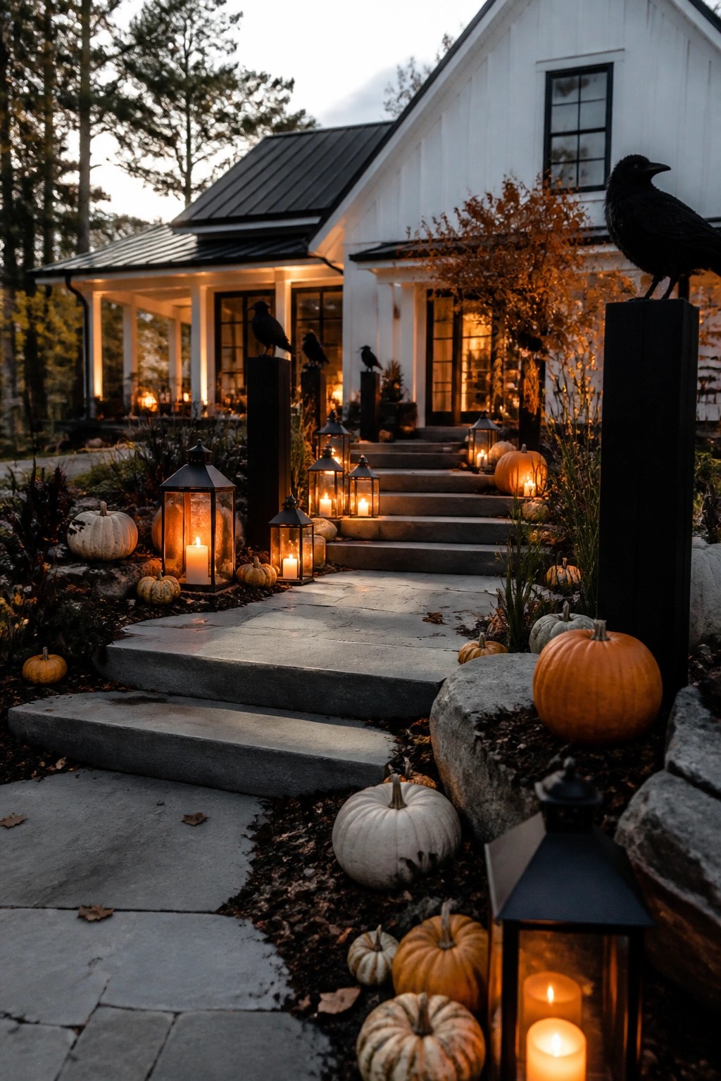 Stone walkway lined with black crows perched on posts, glowing lanterns, and scattered pumpkins leading to a white house porch.
