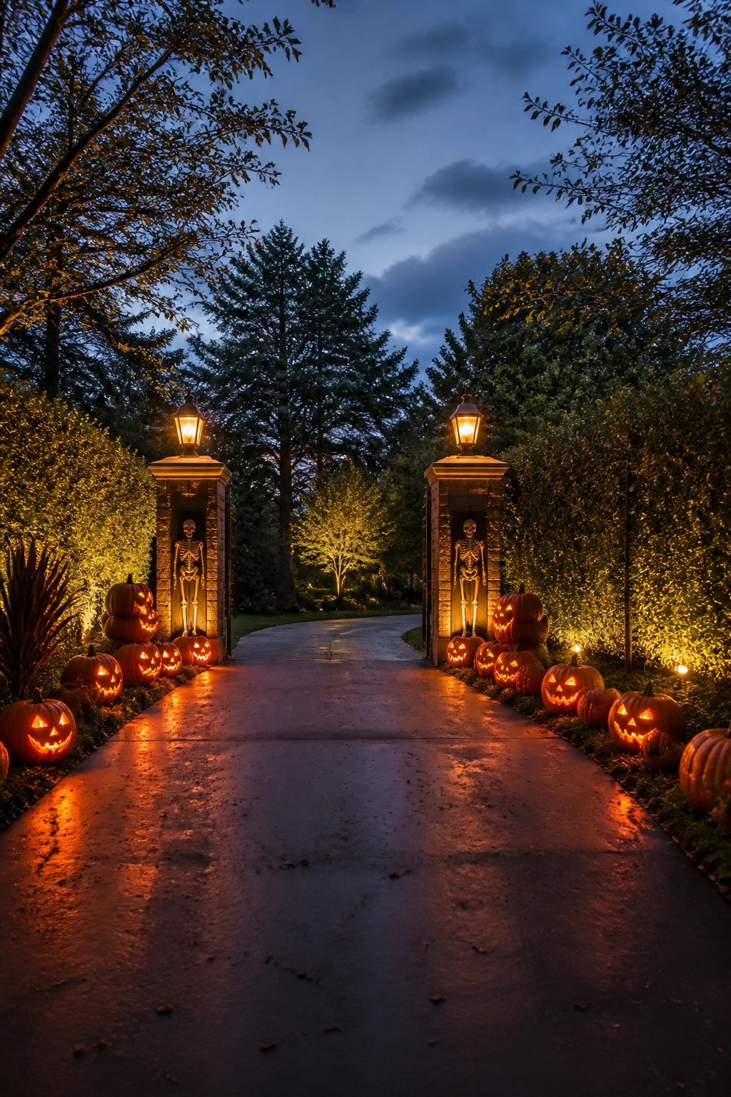 An outdoor walkway lined with glowing jack-o'-lanterns leading toward stone pillars that hold skeletons and lanterns.