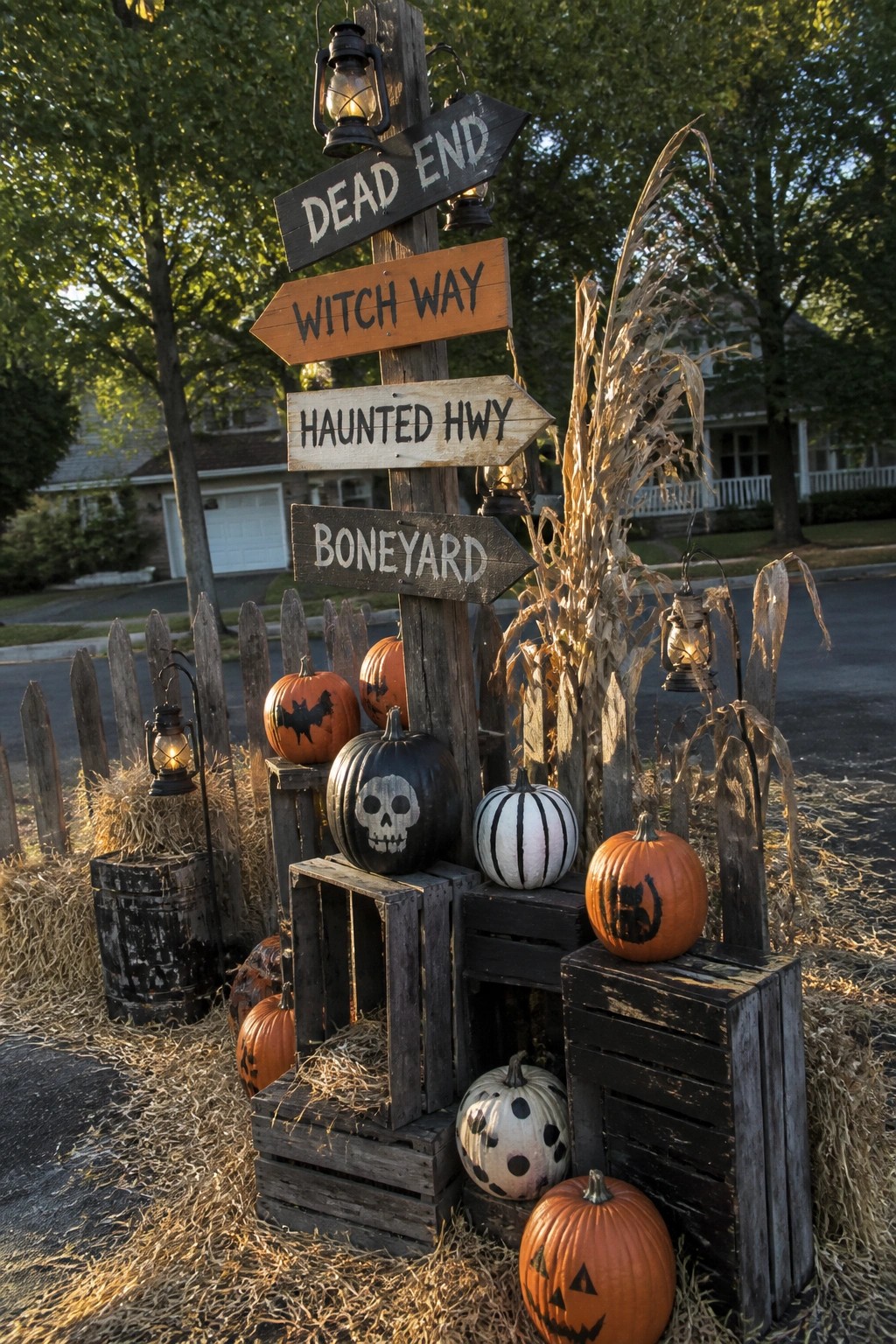 Halloween wooden signpost with Dead End, Witch Way signs amid carved pumpkins and lanterns