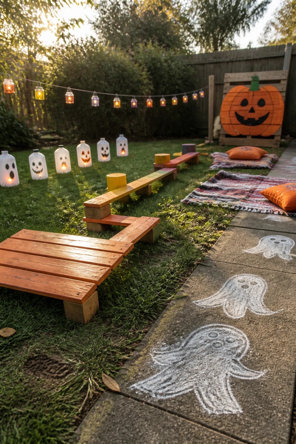 A backyard set up for Halloween with glowing ghost lanterns made from painted bottles on the grass, string lights overhead, colorful wooden benches, and chalk ghost drawings on a concrete path.