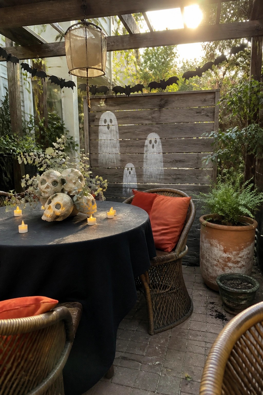 An outdoor patio with a round table covered in a black cloth, surrounded by wicker chairs with orange cushions, and a wooden fence behind it painted with three white ghost silhouettes.