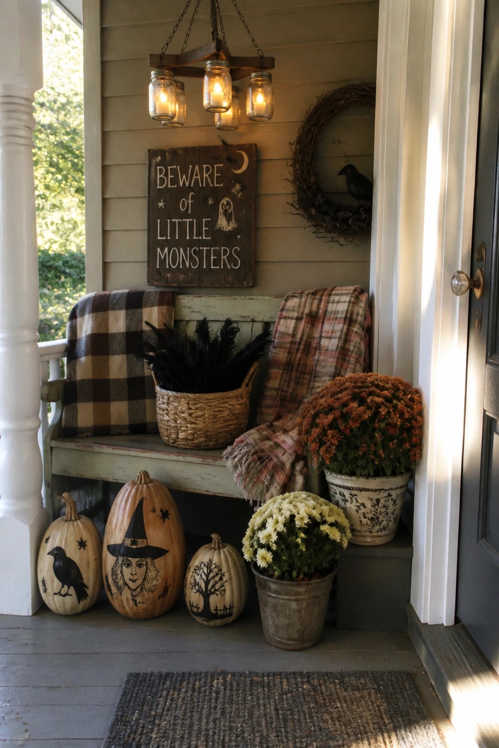 A front porch decorated with painted pumpkins on the floor, potted chrysanthemums, a wooden sign on the wall, and a bench with blankets.