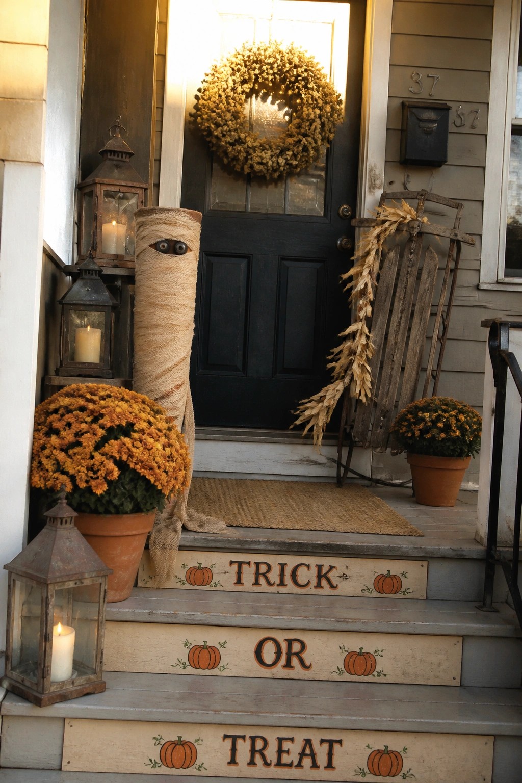 A house front porch with wooden steps painted with pumpkins and the words trick or treat, a wrapped mummy decoration, lanterns, and potted orange flowers.