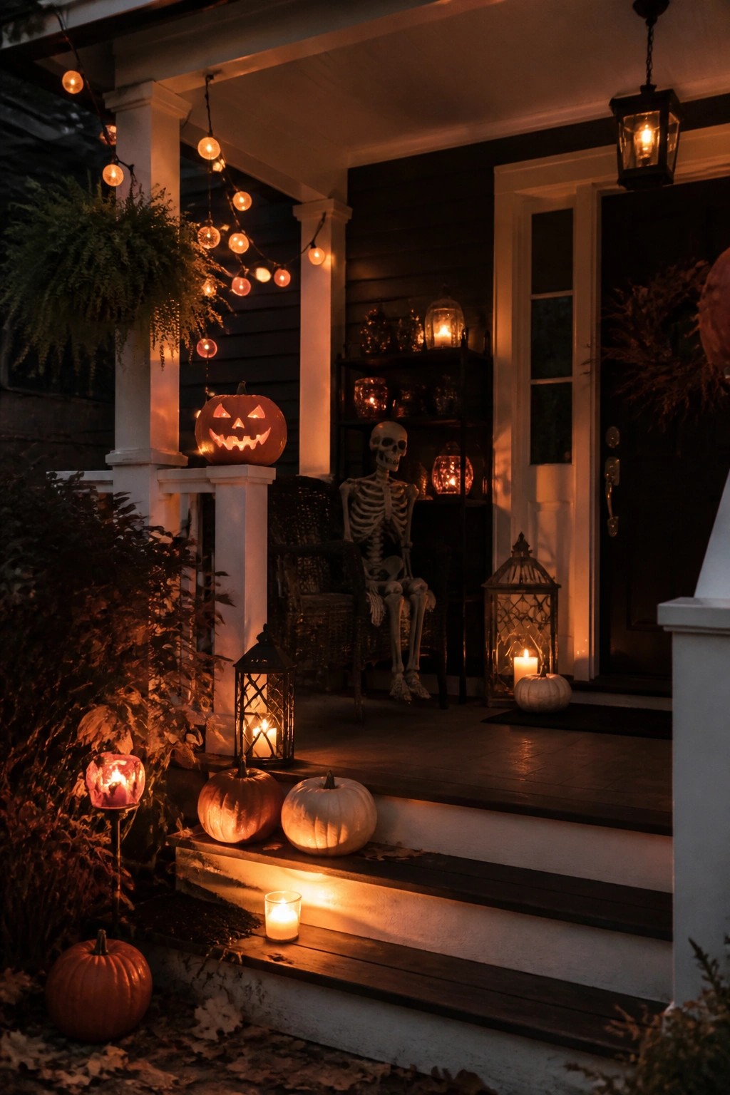 Front porch with a skeleton seated in a chair, carved pumpkins on the steps, and lanterns placed around the area.