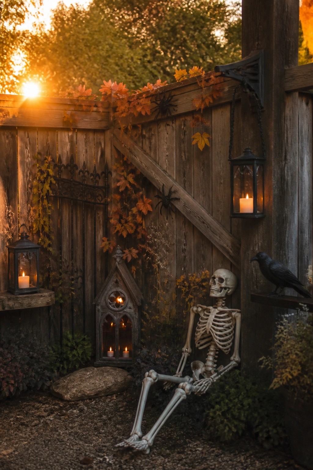 A skeleton posed sitting against a wooden fence with spiders, lanterns, and a black bird nearby.