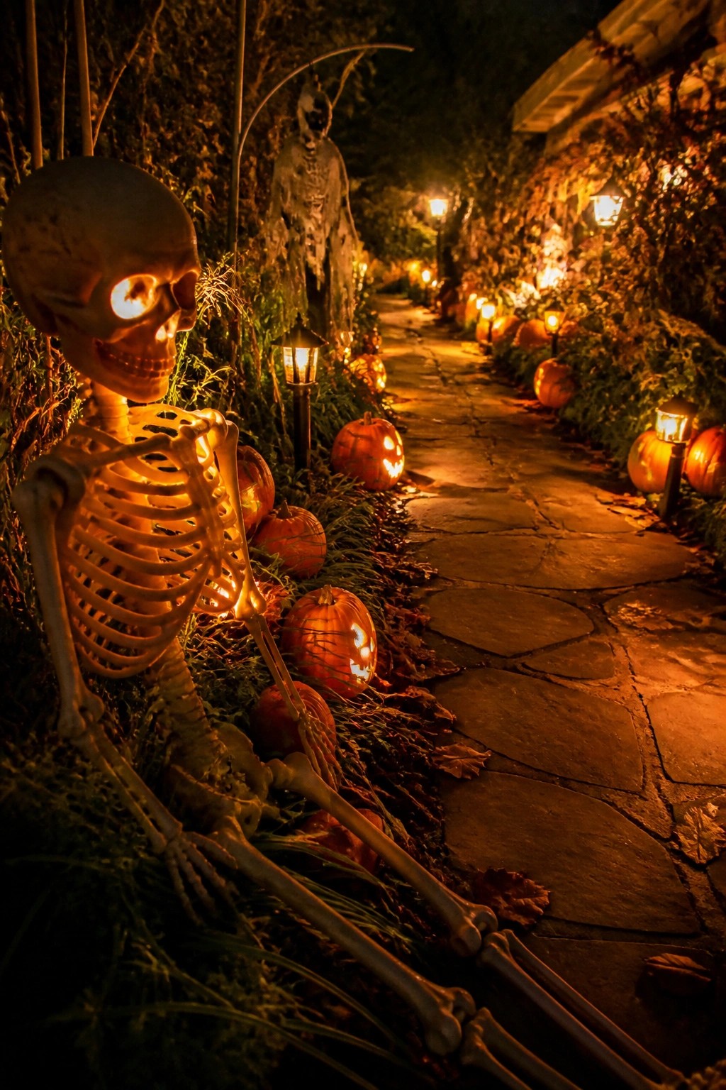 Stone walkway lined with posed plastic skeletons and glowing carved pumpkins at night.