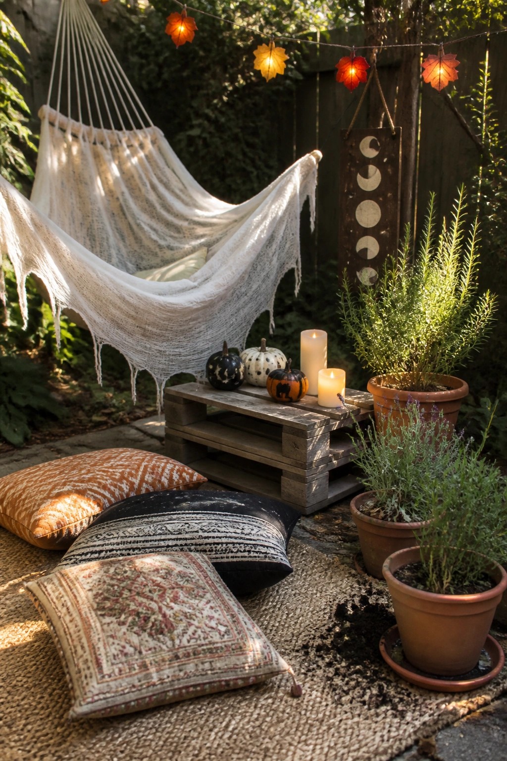 An outdoor seating area with a wooden pallet table holding small pumpkins and lit candles, surrounded by pillows on a rug, potted plants, and leaf-shaped string lights.