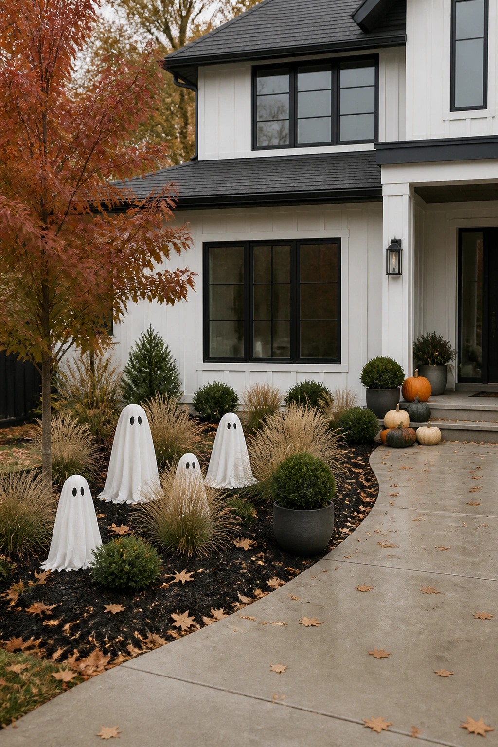 Front yard with several white sheet ghosts placed in a mulched garden bed beside a house, with pumpkins near the front steps.