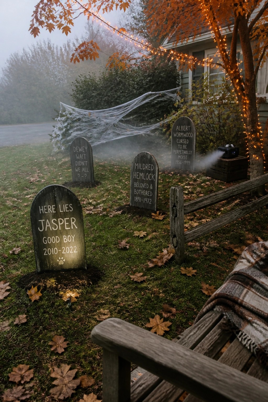 Several wooden Halloween tombstones placed in a grassy front yard with autumn leaves, spider webs, and a fog machine near a house.