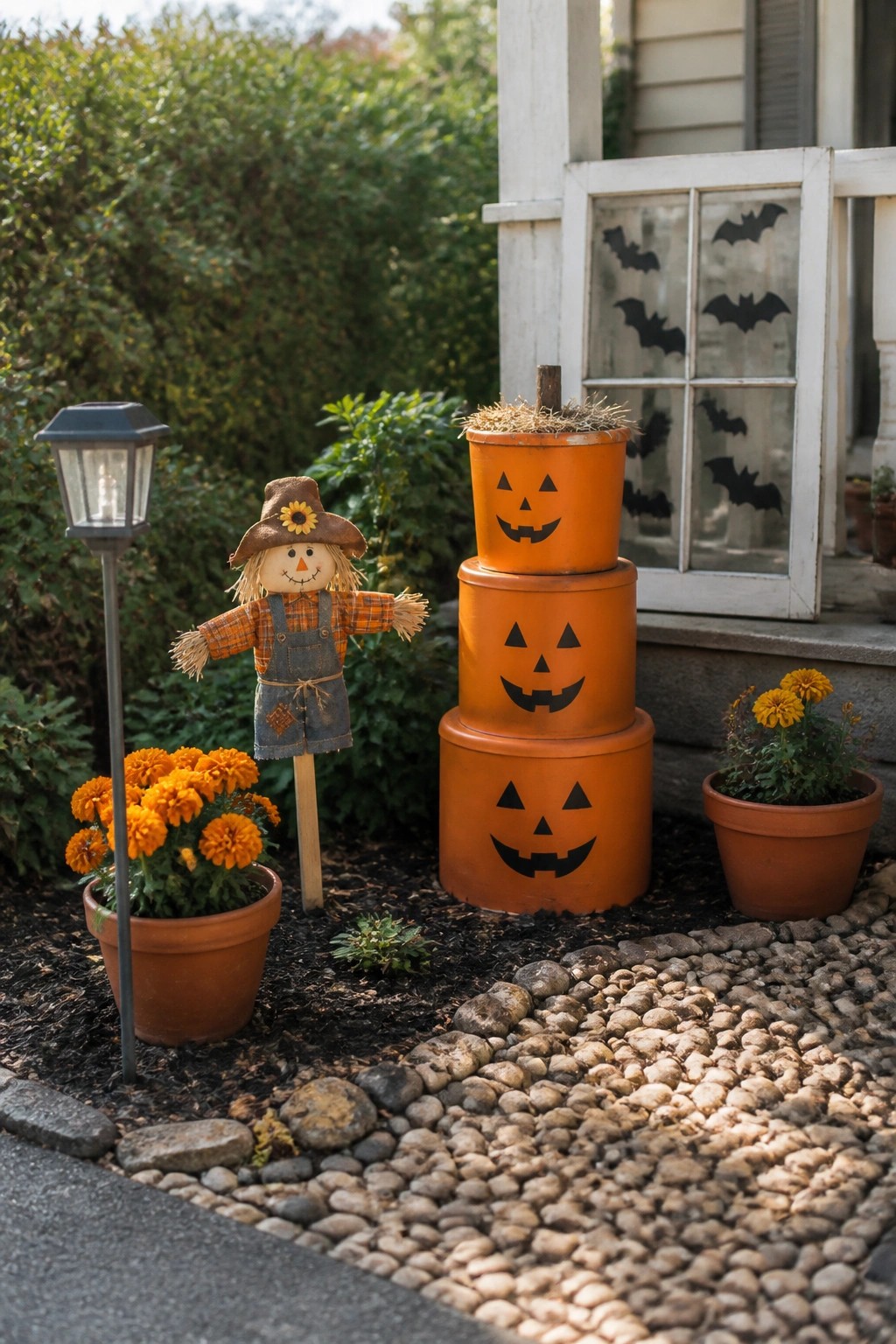 A scarecrow stands next to three stacked orange buckets painted as jack-o'-lanterns in a garden bed beside a house porch.