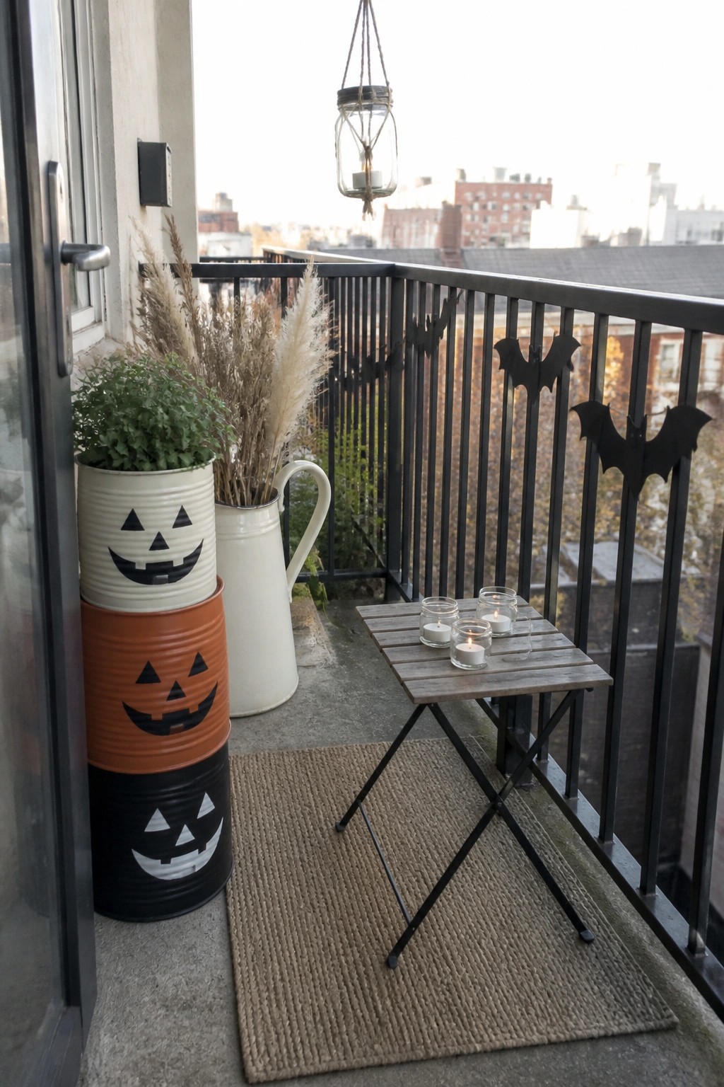 Balcony with stacked jack-o'-lantern buckets, bat cutouts, candles, and pampas grass.