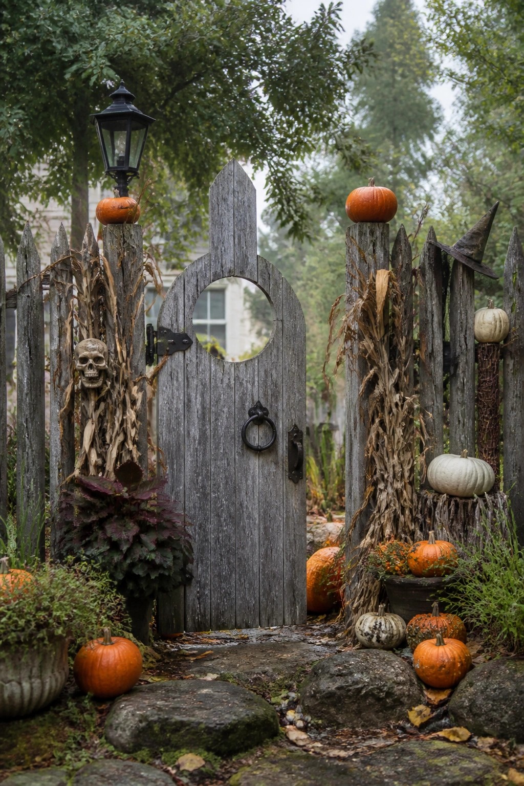 Wooden gate with pumpkins, skull, corn stalks, witch hat, and lantern in garden.