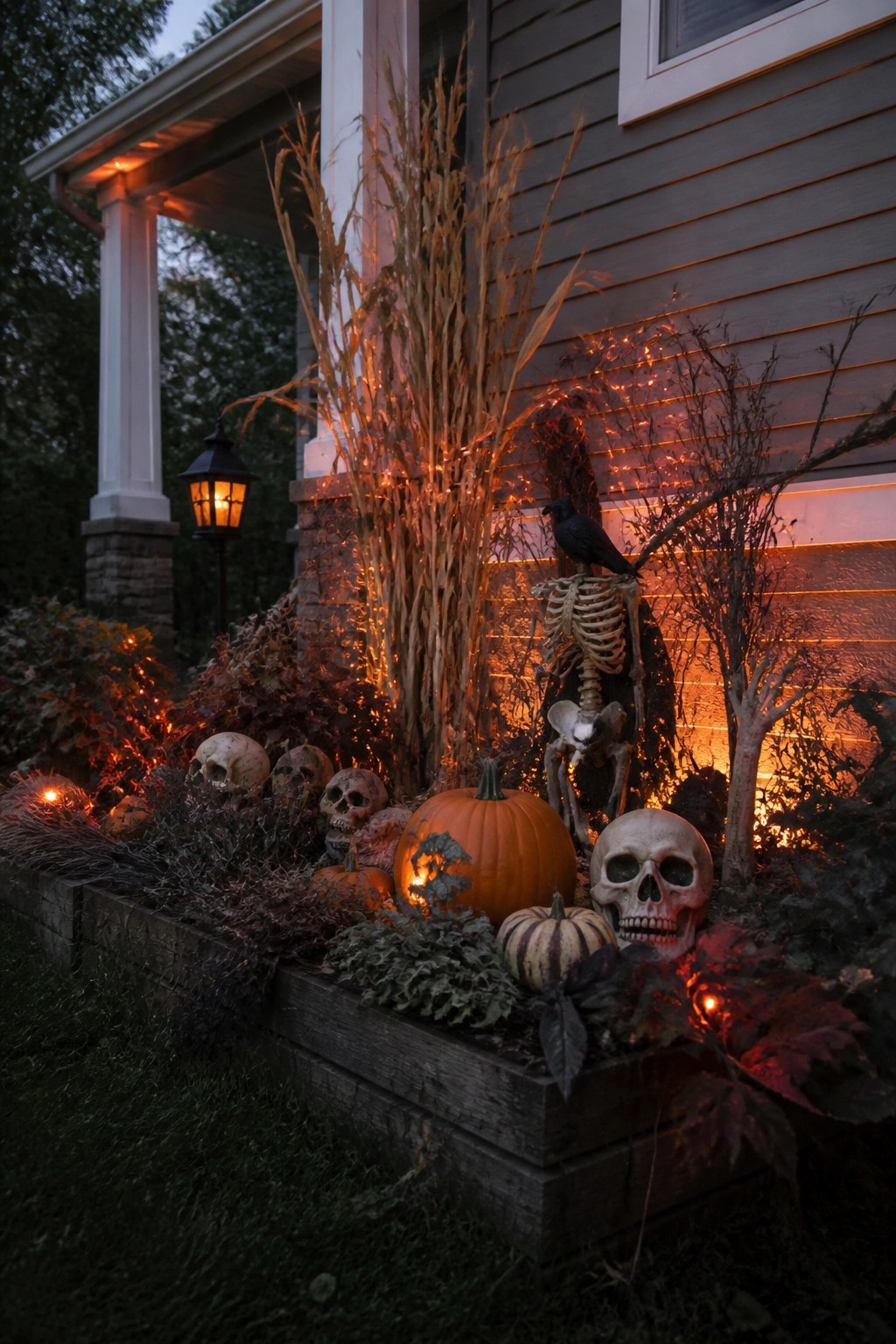 Wooden planter box on a front porch holding a standing skeleton, several skulls, pumpkins, dried corn stalks, and string lights.