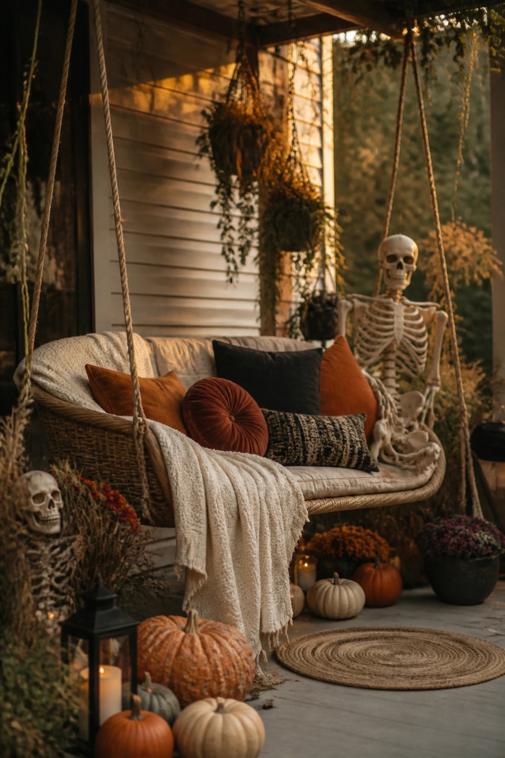 Front porch swing with a skeleton seated among orange and rust pillows, surrounded by pumpkins, lanterns, and hanging plants.