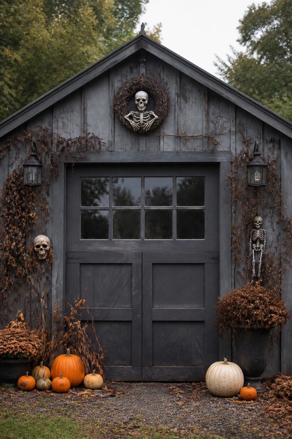Dark gray shed decorated with a skeleton wreath at the peak, a standing skeleton on the right wall, a skull on the left, and pumpkins along the ground.