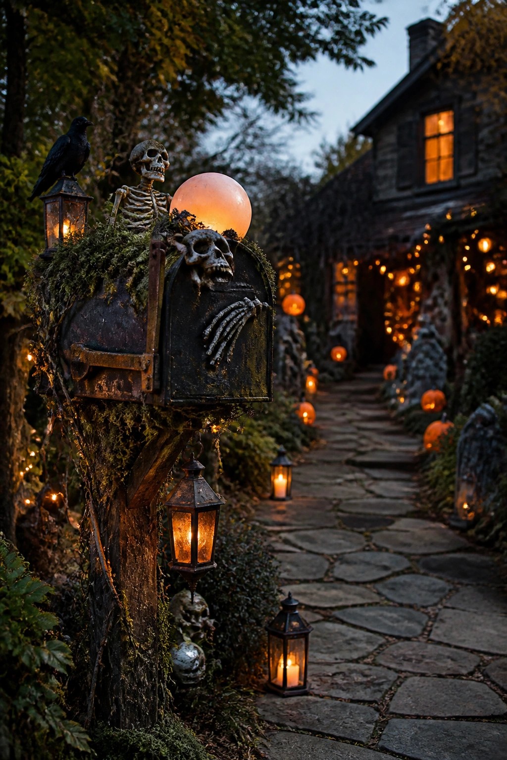Spooky mossy mailbox with skeletons, crow, glowing orb, and lanterns on stone path.