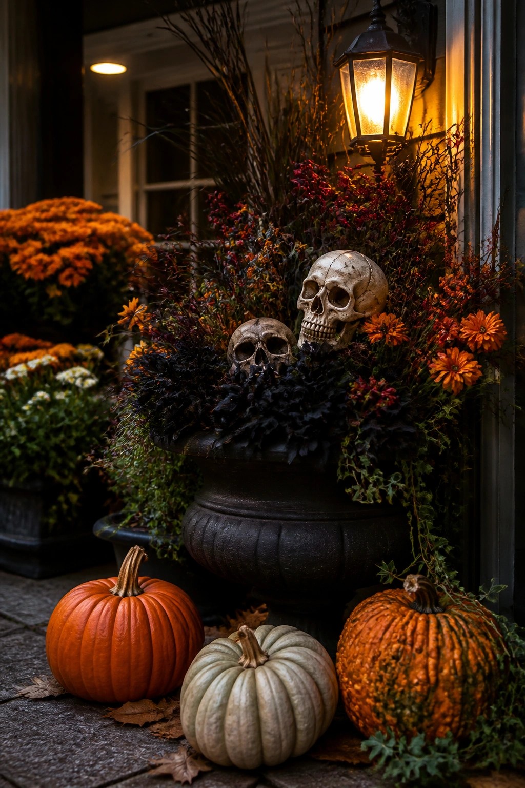 Dark urn on a front porch holding two decorative skulls surrounded by dark foliage, with orange and white pumpkins on the ground.