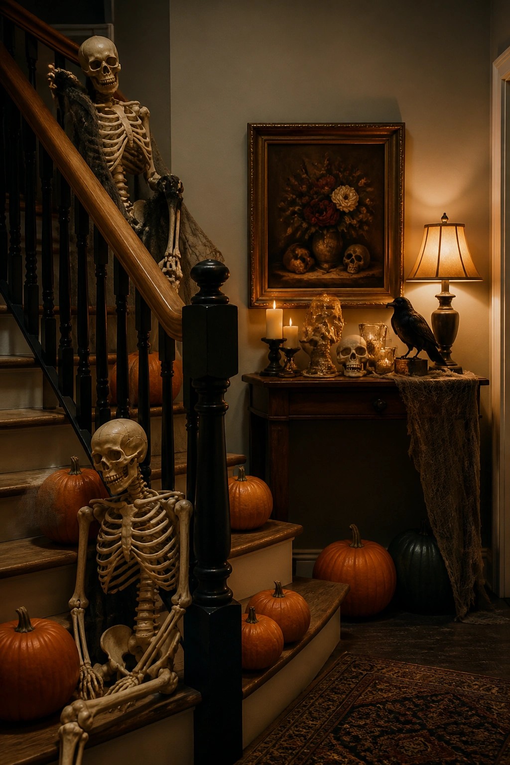 Staircase decorated with two posed skeletons, pumpkins on the steps, and a console table holding skulls and a black bird.