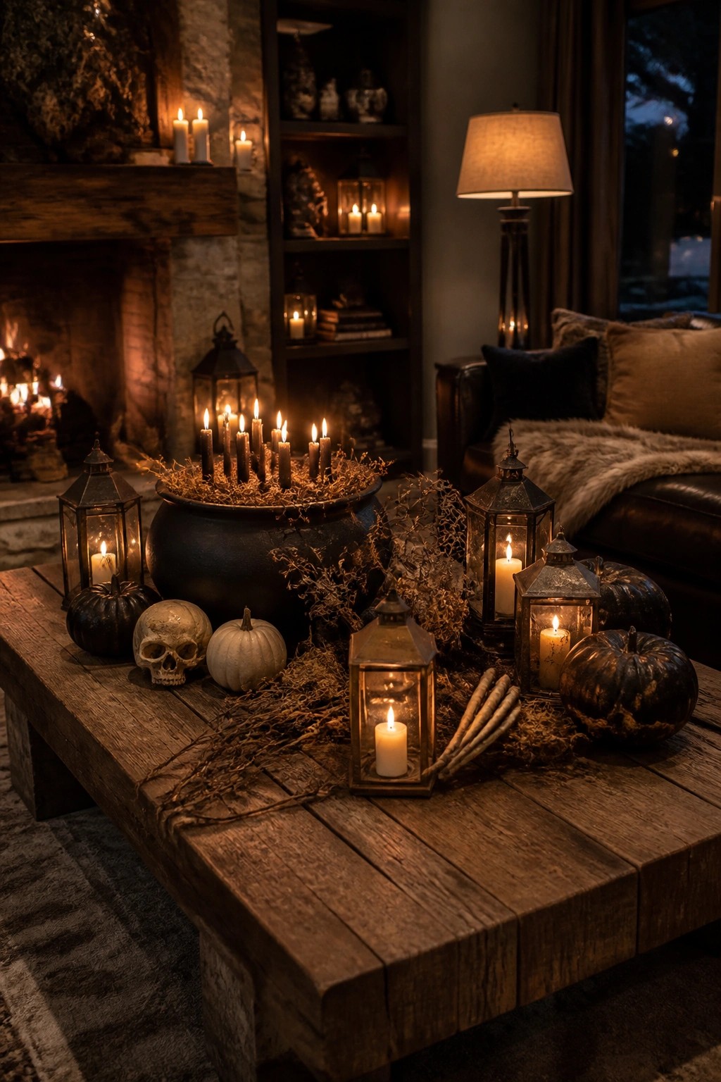 Coffee table styled with a black cauldron, skull, lanterns, and dark pumpkins for Halloween.