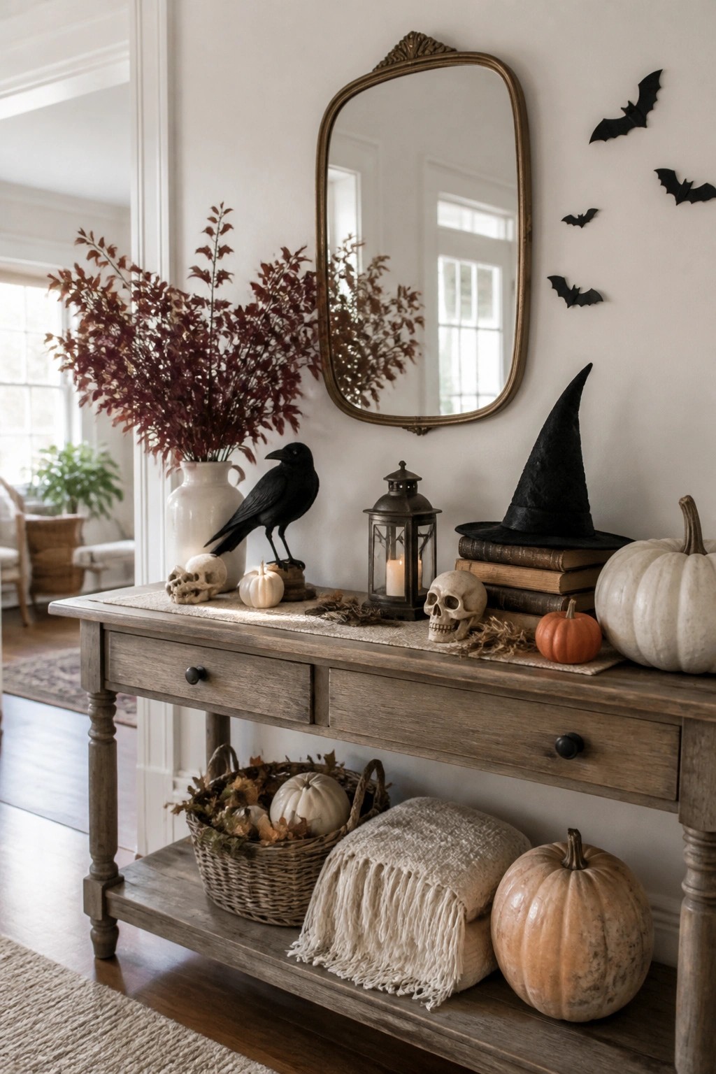 Entryway console table decorated with skulls, a black crow, a witch hat on stacked books, a lantern, and black bats on the wall above.