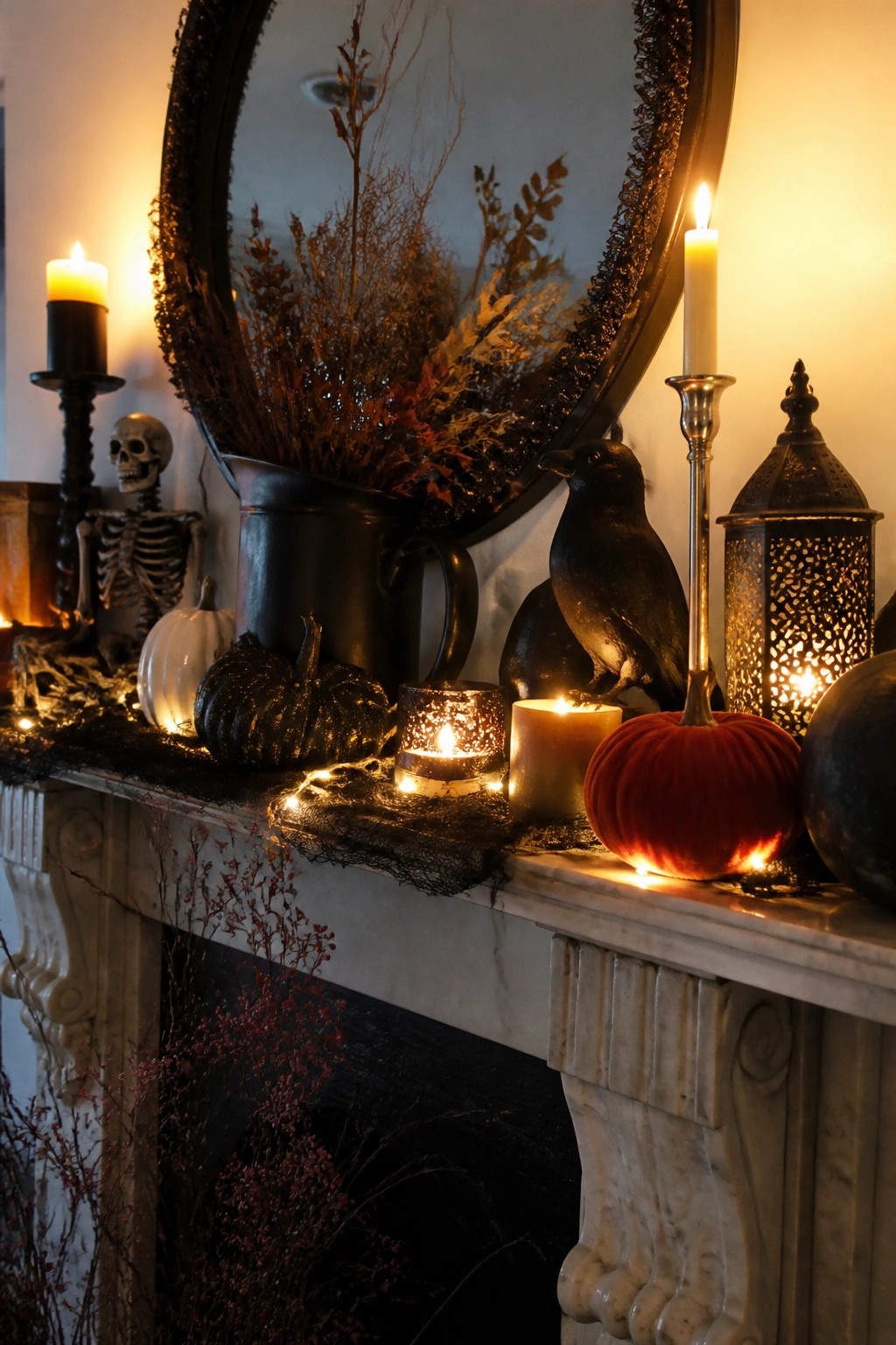 Haunted Halloween mantel with skeleton, crow, pumpkins, dried foliage, and lit candles.