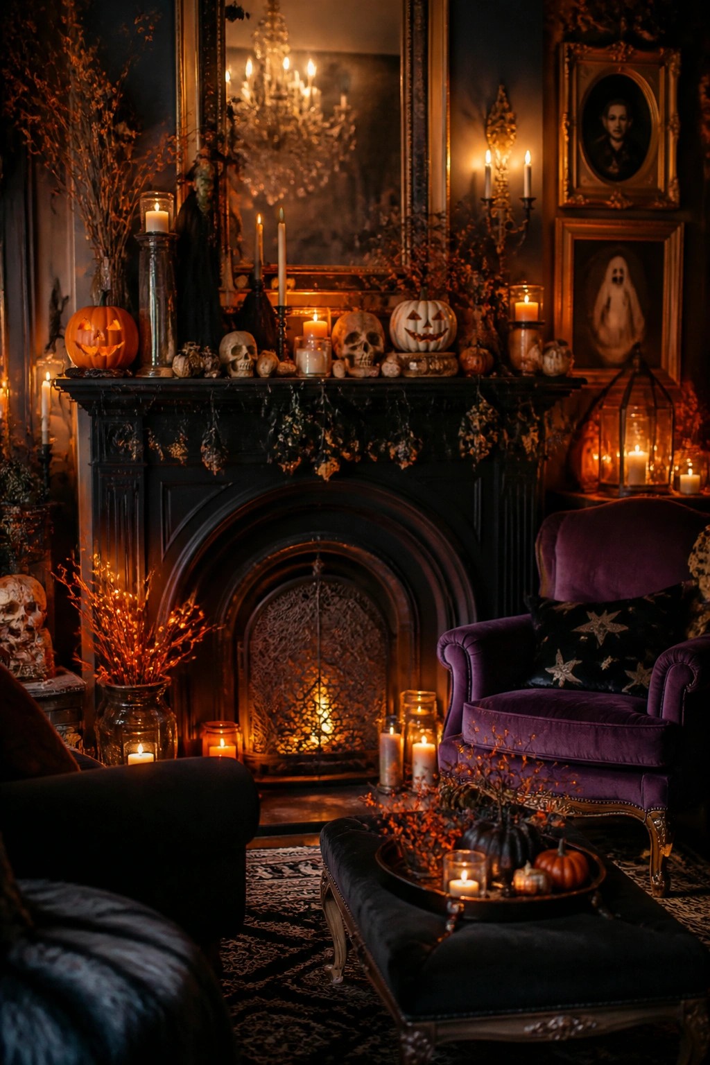 Living room fireplace mantel styled with carved jack-o'-lanterns, skulls, and lit candles for Halloween.
