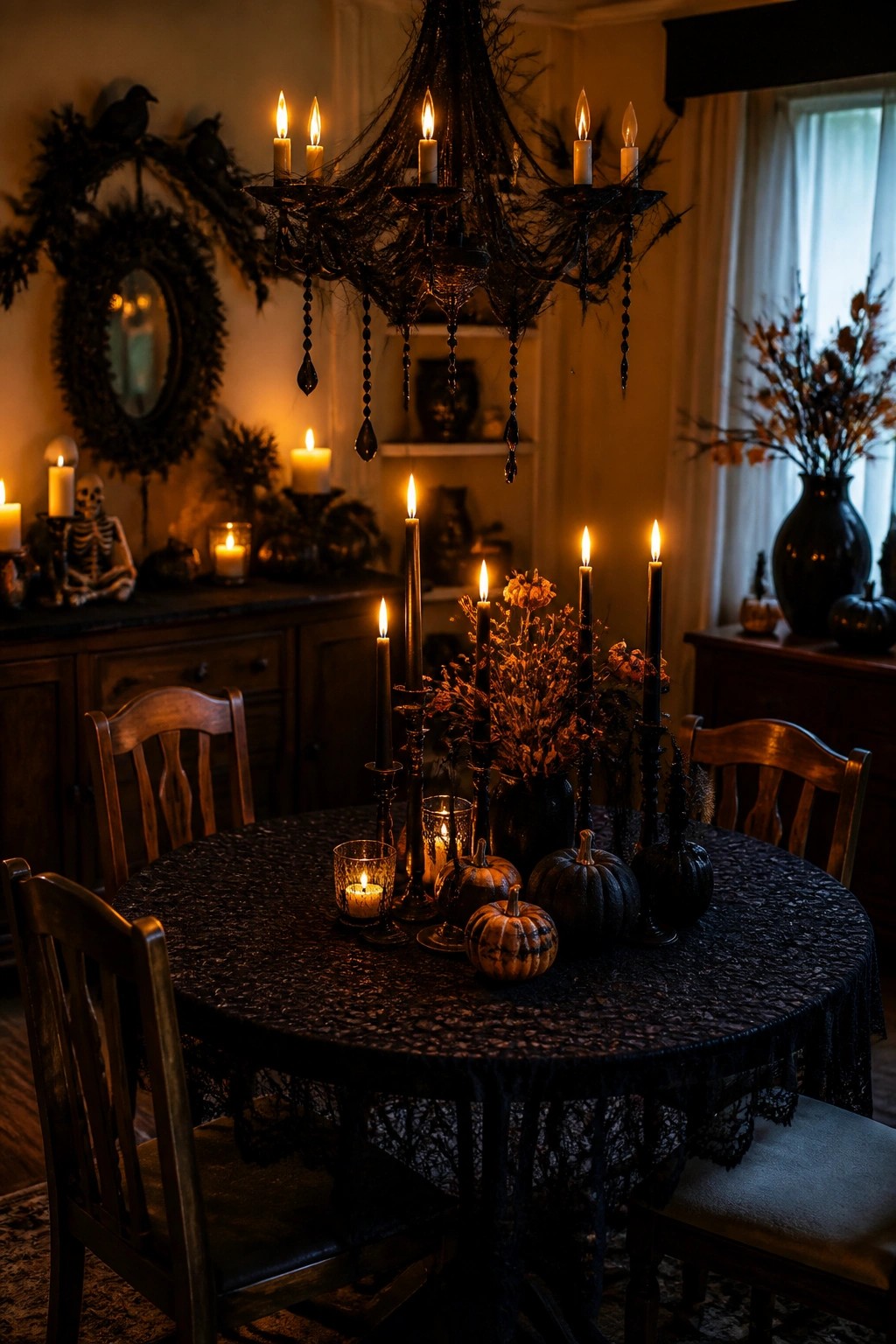 Black lace table with lit candles, pumpkins, and dried flowers beneath spiderweb chandelier.