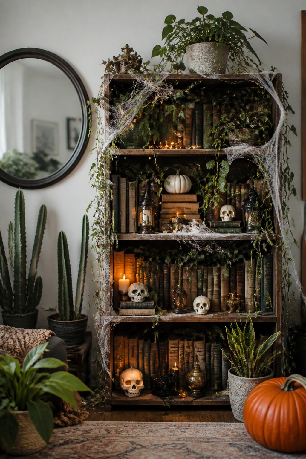 Wooden bookshelf covered in fake spiderwebs with skulls, lanterns, and books arranged across multiple shelves.