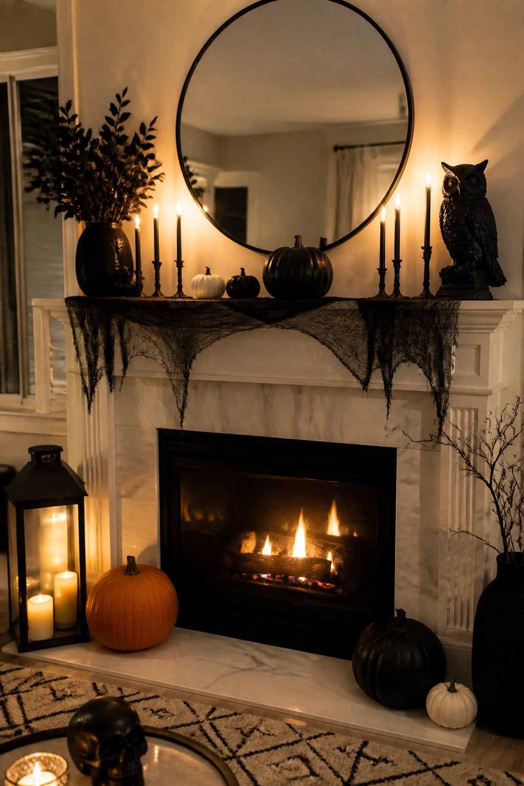 Halloween fireplace mantel with spiderwebs, black pumpkins, lit candles, and owl statue.