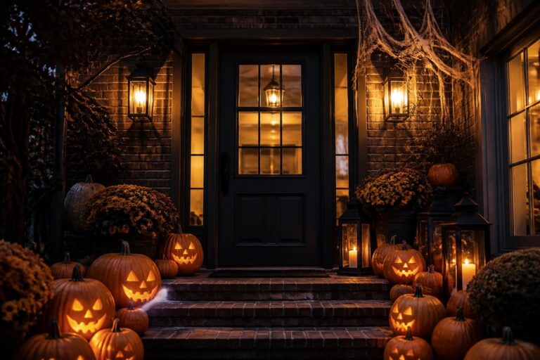 Front entry decorated with multiple glowing jack o'lanterns, black crows, and lanterns lining the steps and doorway.
