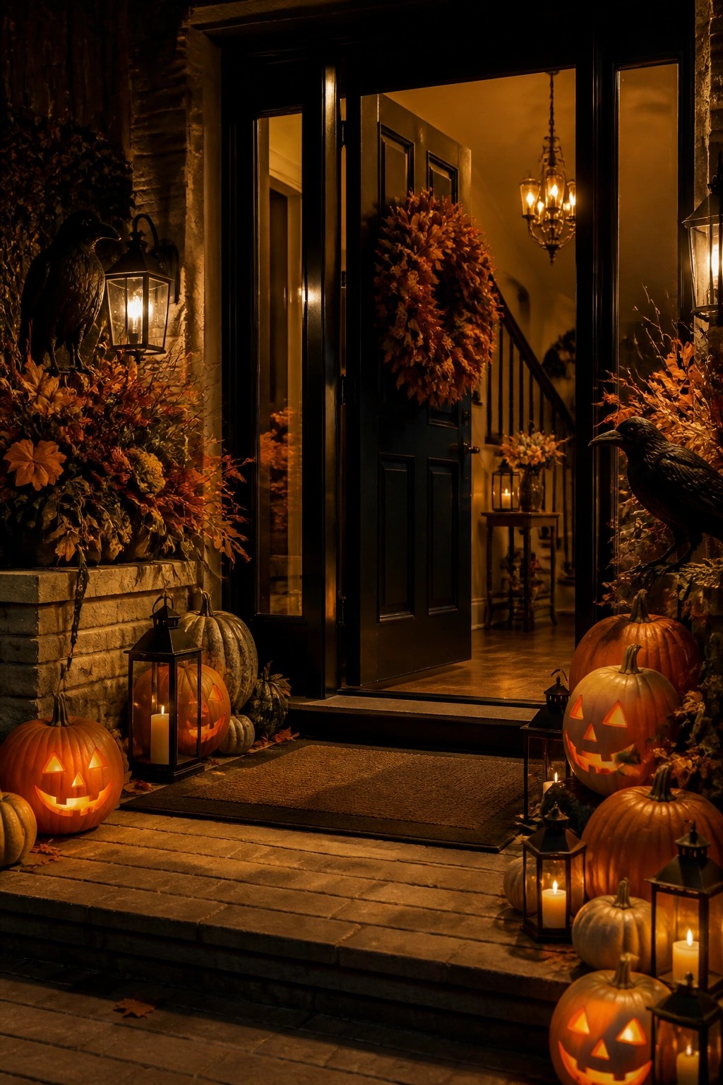 Front entry decorated with multiple glowing jack o'lanterns, black crows, and lanterns lining the steps and doorway.