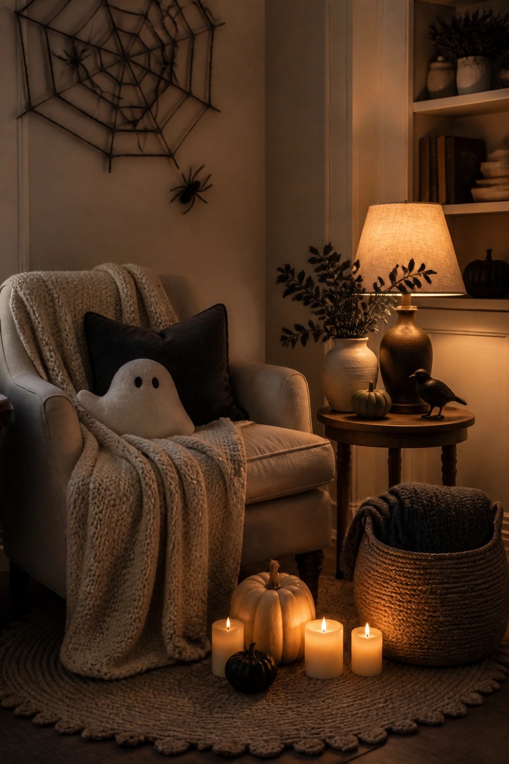 Living room corner with a large black spiderweb on the wall above an armchair that holds a ghost pillow, plus lit candles and pumpkins on the floor.