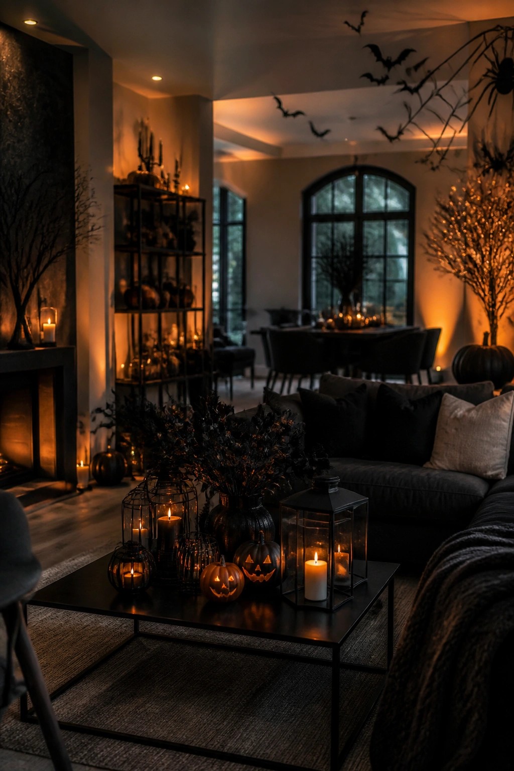 Living room with black bats attached to the ceiling and a spider decoration on the wall above a sofa with jack-o'-lanterns on the coffee table.