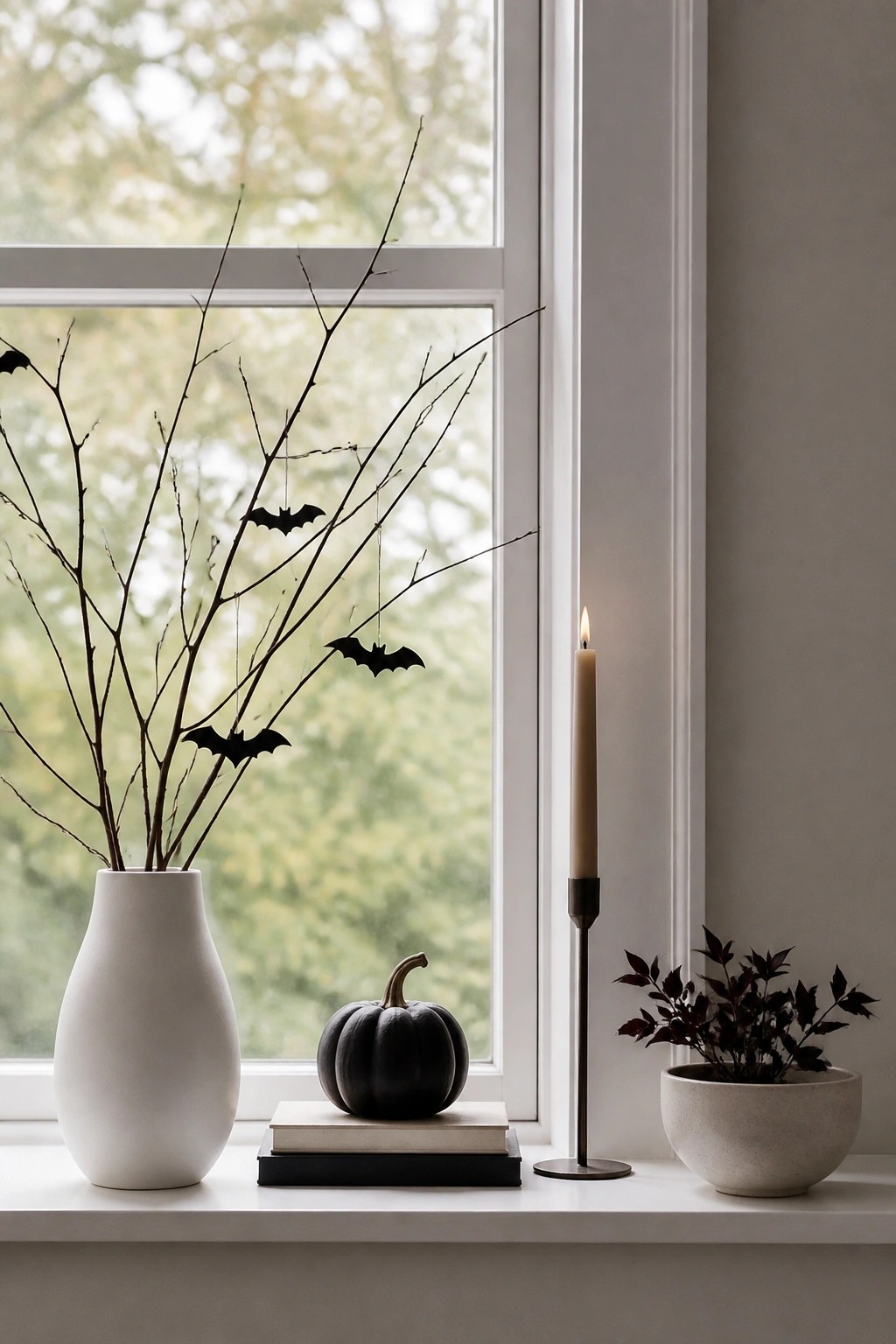 Windowsill with white vase, bat ornaments, black pumpkin on books, lit candle, and plant