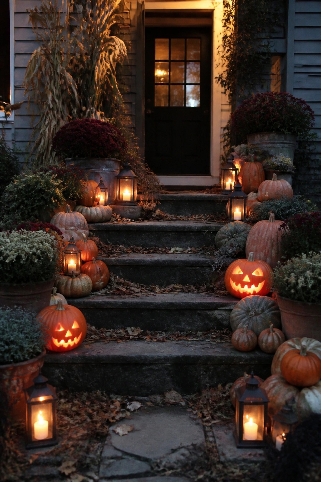 Stone front steps lined with carved jack-o'-lanterns and lanterns leading up to a dark door.