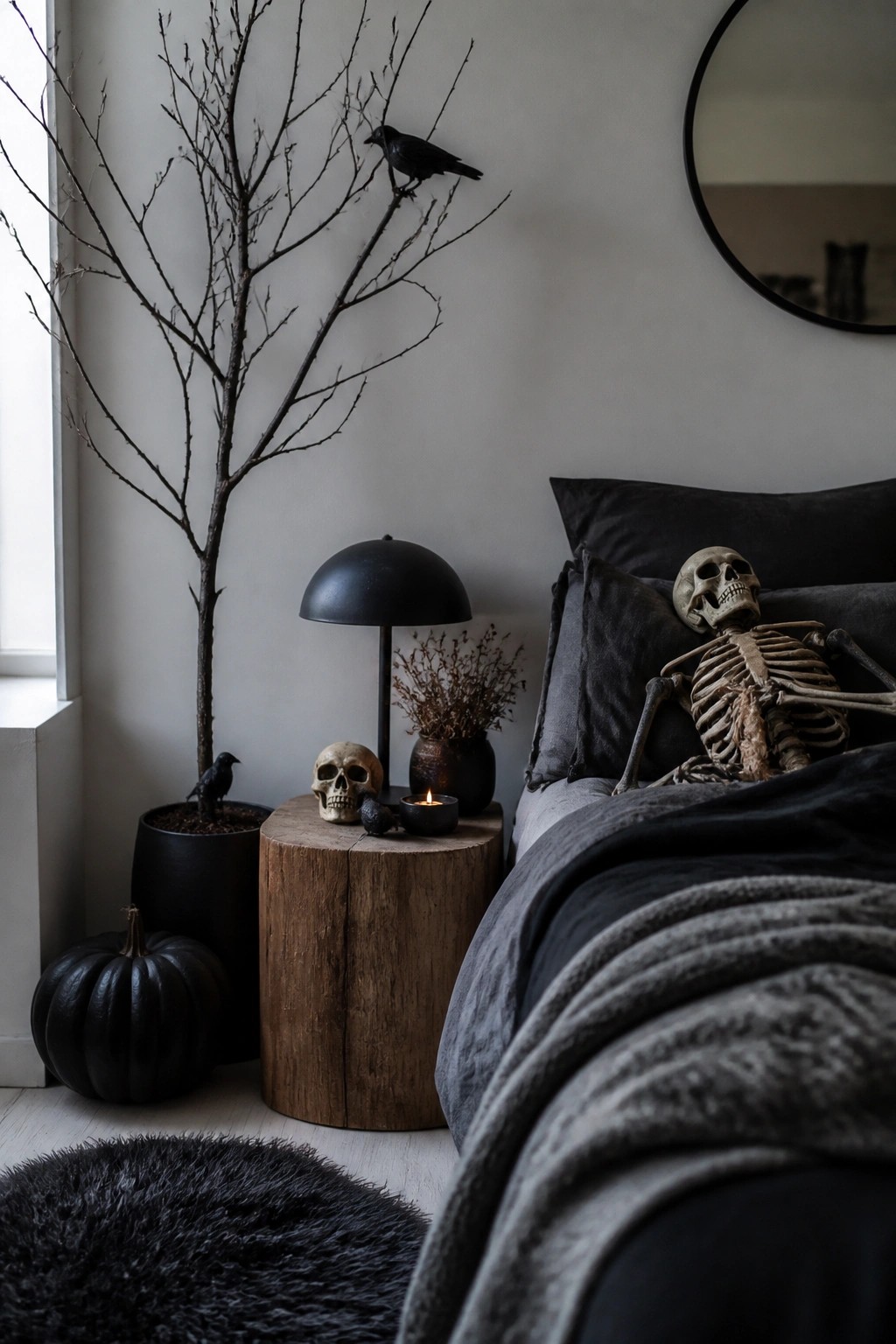 A bedroom scene showing a full skeleton propped up in bed with dark bedding and pillows, next to a wooden nightstand holding skulls and a lit candle.