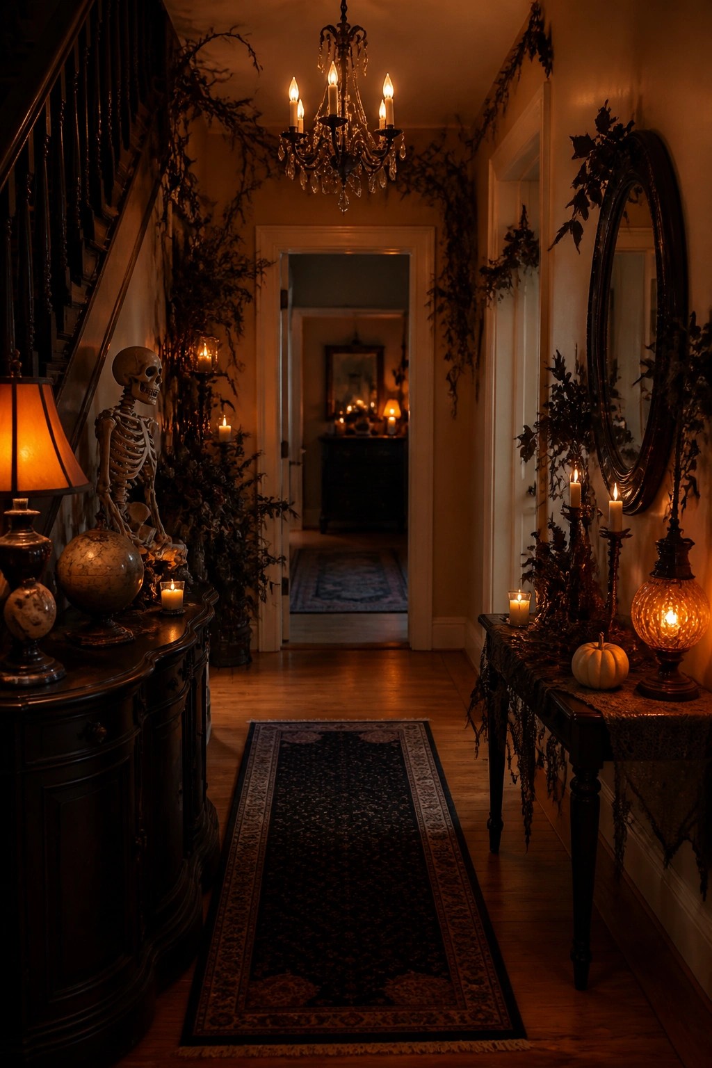 Entryway with a skeleton seated on a dark wood console table next to a staircase, lit by candles and dark garlands.