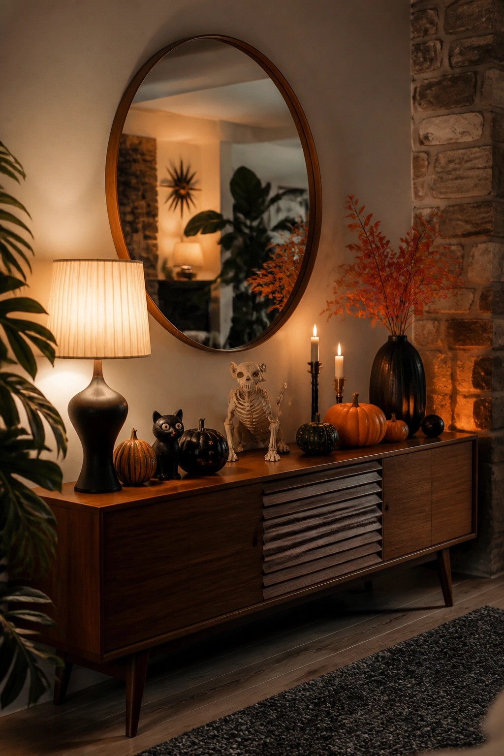 Wooden console table decorated with a small skeleton figure, black cat figurine, pumpkins, and lit candles beneath a round mirror.
