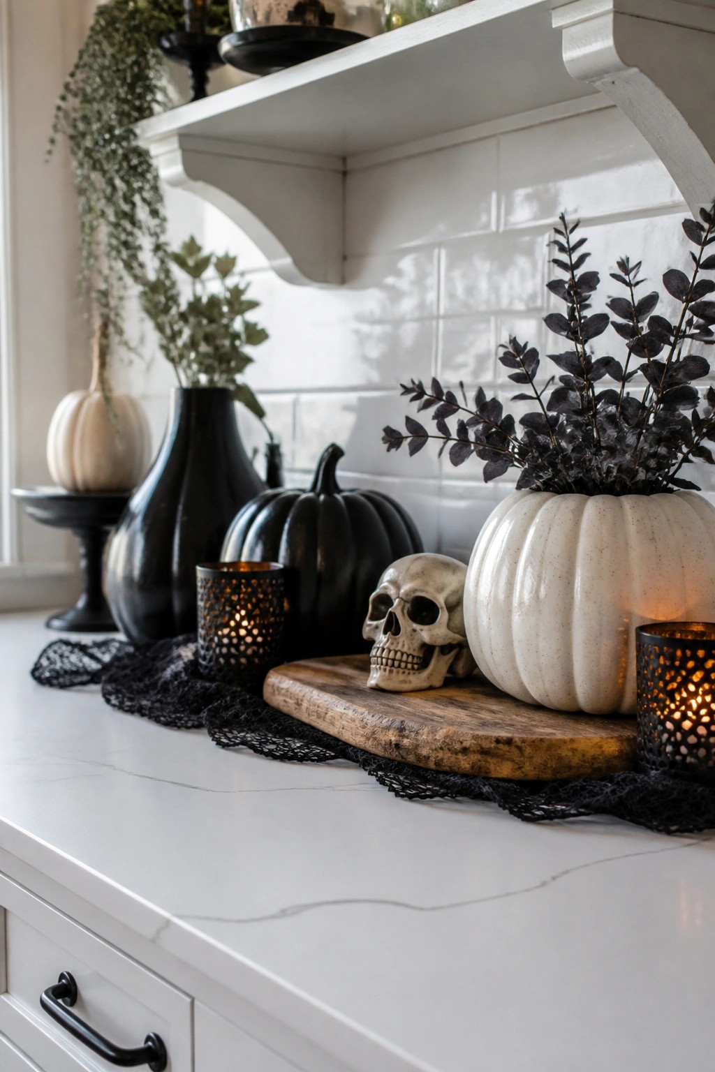 Halloween kitchen counter with skull, black and white pumpkins, lit candles, and black lace.